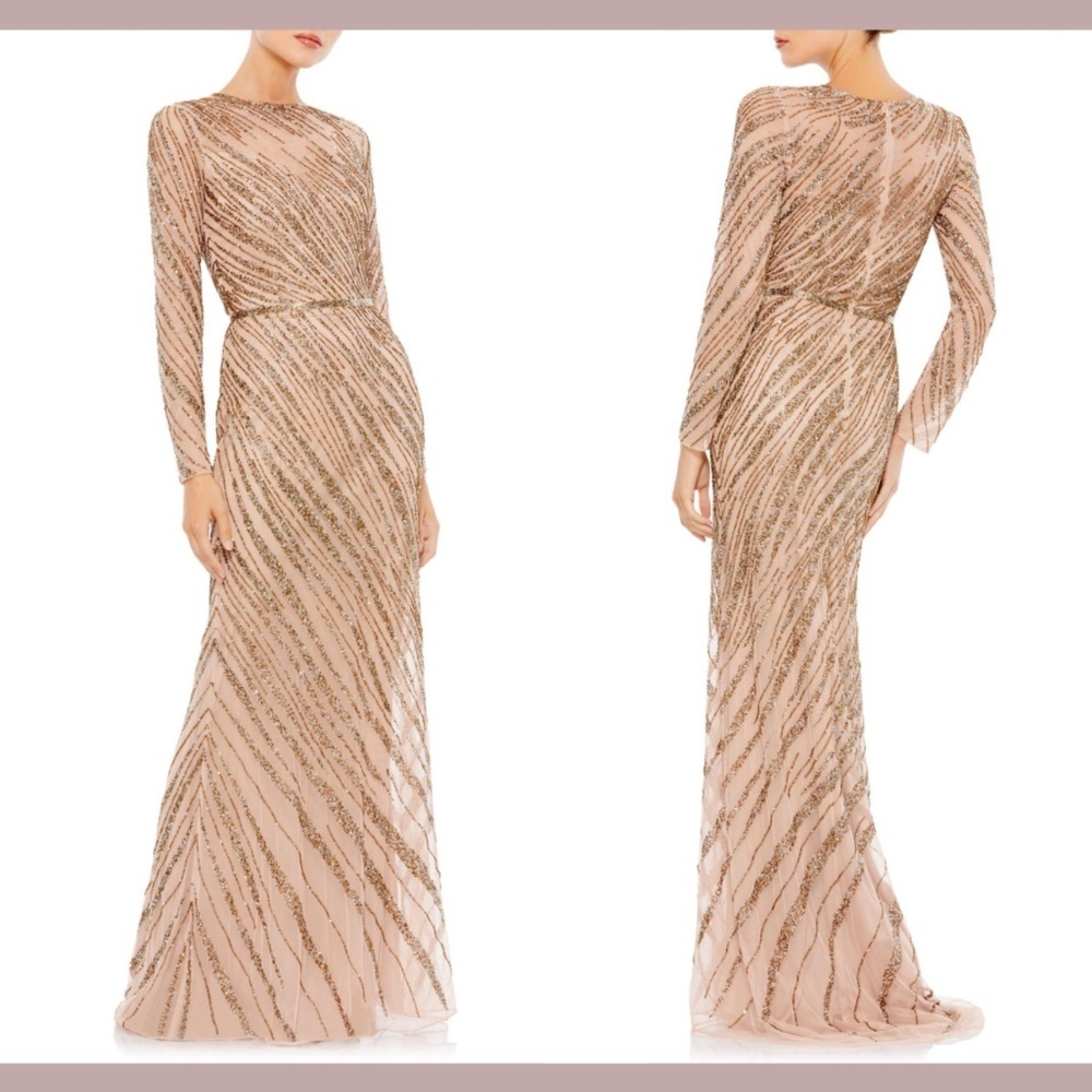 NEW Mac Duggal‎ Beaded Long Sleeve Column Gown in Mocha [SZ 16 ]